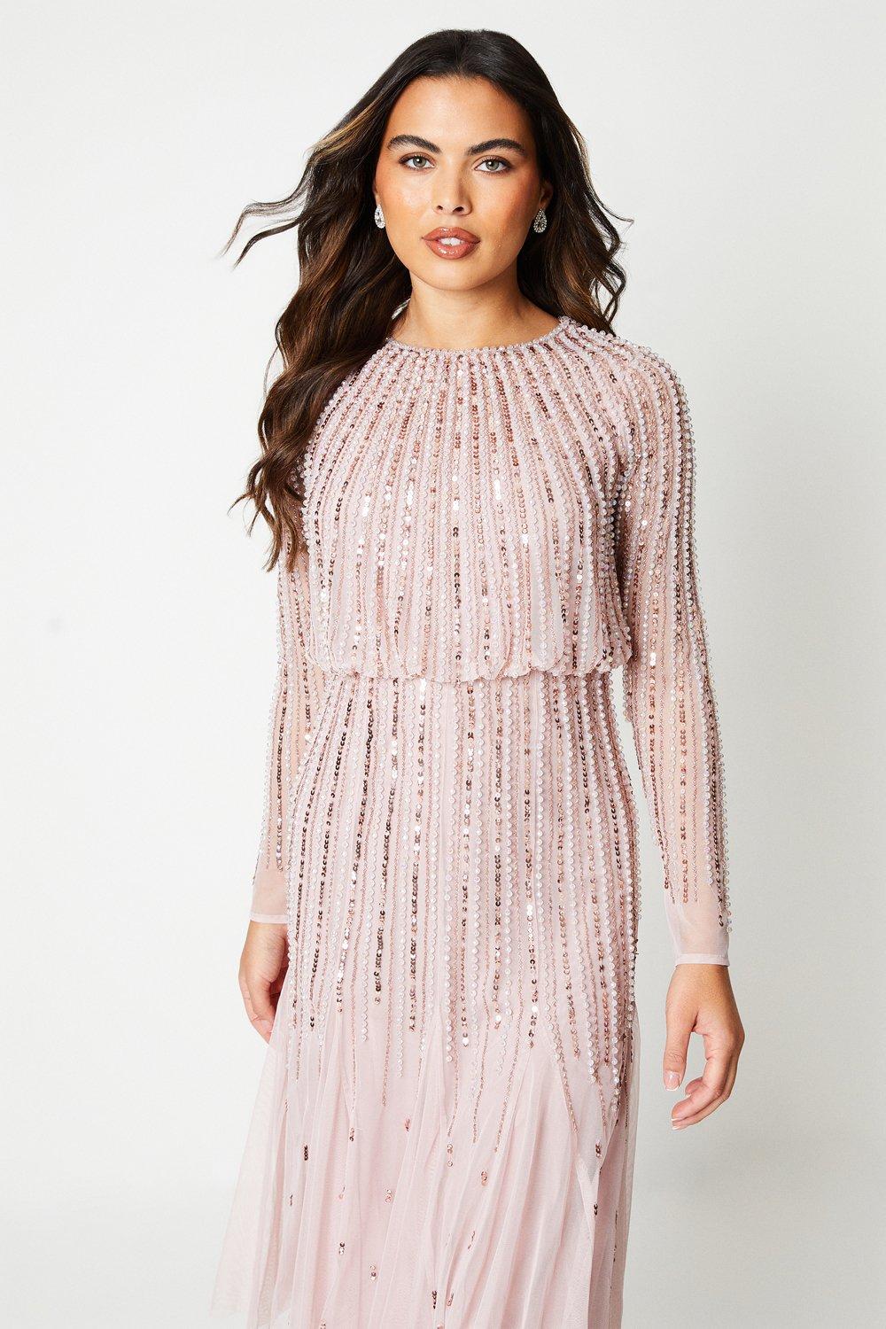 Linear Sequin Embellished Long Sleeve Midi Dress - Pink